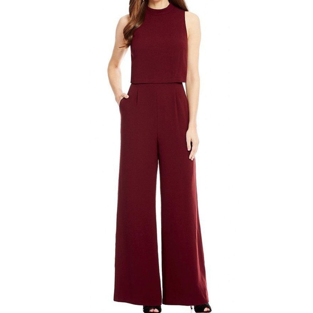 Antonio Melani Daphne Crepe Mock Neck Wide Leg Jumpsuit Burgundy Maroon size 10
